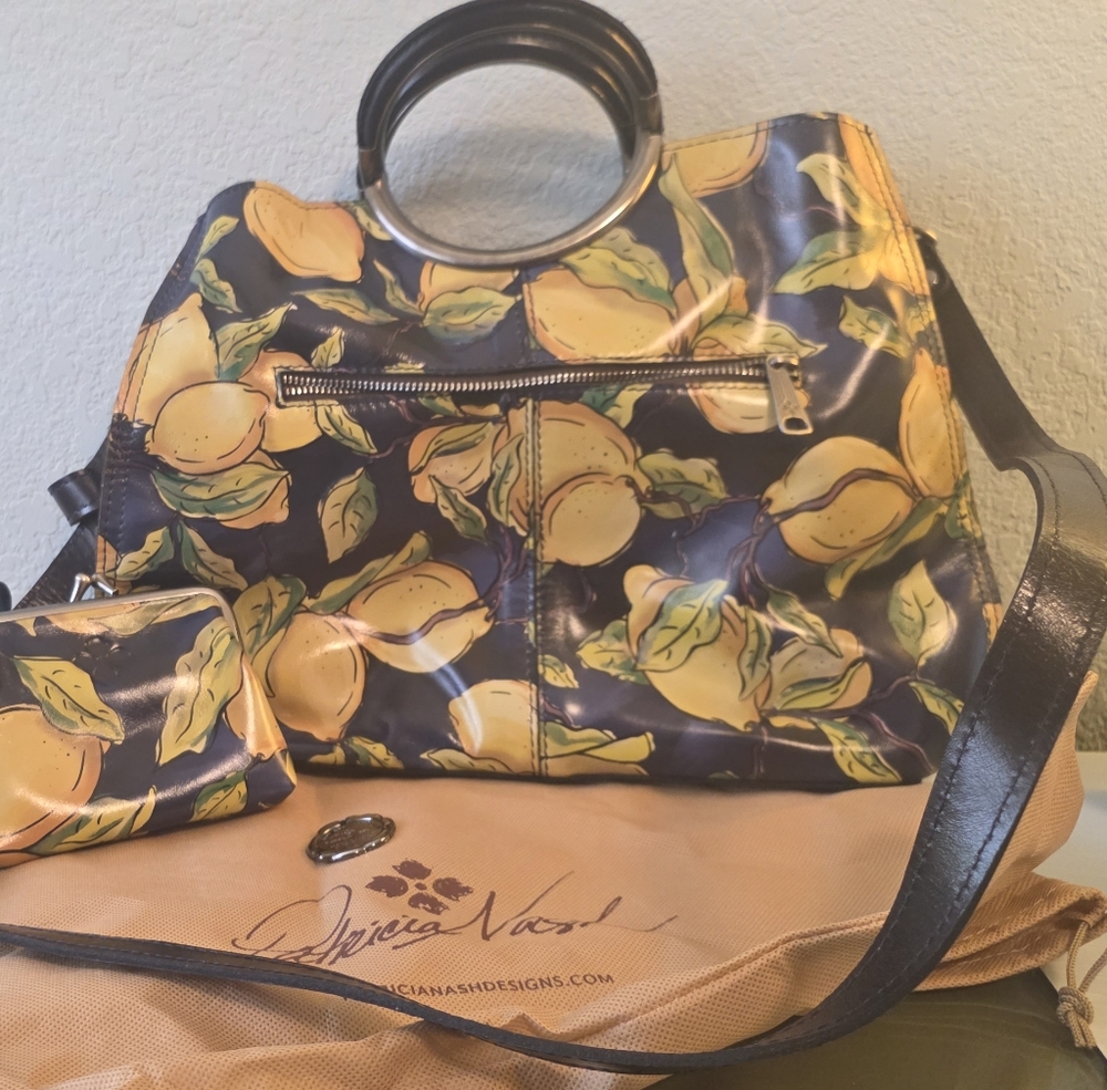 Patricia Nash Positano Limon Lemon Leather Handbag + Matching Change Purse Set - Picture 5 of 10